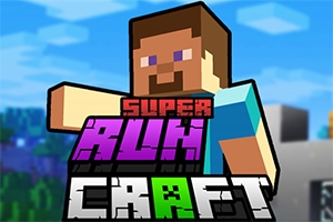 Personaj pixelat cu un fundal albastru și verde, cu textul „Super Run Craft” în prim-plan