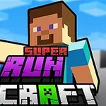 Personaj pixelat cu un fundal albastru și verde, cu textul „Super Run Craft” în prim-plan