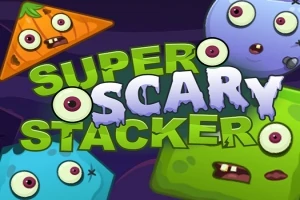 Personaje cu forme geometrice și expresii înfricoșătoare în culori vii, cu textul Super Scary Stacker în față