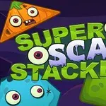 Personaje cu forme geometrice și expresii înfricoșătoare în culori vii, cu textul Super Scary Stacker în față