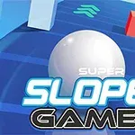 O minge albă se rostogolește pe o pantă albastră cu obstacole geometrice și text suprapus