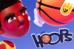 Personaj animat cu o minge de baschet și textul Hoops pe un fundal albastru