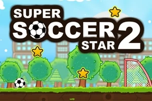 Text mare alb-negru cu Super Soccer Star 2, un peisaj cu copaci verzi, stele galbene și o minge de fotbal lângă o poartă