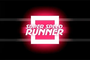 Text alb SUPER SPEED RUNNER pe un fundal negru cu pătrat roz aprins în centru