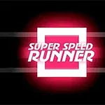 Text alb SUPER SPEED RUNNER pe un fundal negru cu pătrat roz aprins în centru