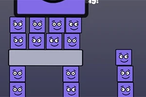 Blocuri violet cu fețe zâmbitoare aranjate în două coloane și un turn pe un fundal întunecat