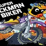 Un personaj desen animat pe o motocicletă, purtând o cască colorată, pe un fundal desertic, stâncos