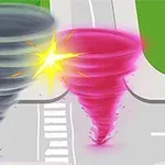 Două tornade colorate, una gri și alta roz, se ciocnesc la intersecția unor străzi, cu un efect de explozie galben