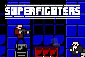 Un personaj pixelat cu o armă și un alt personaj pixelat pe fundal albastru cu pătrate negre, cu text alb „SUPERFIGHTERS” deasupra