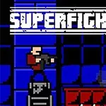 Un personaj pixelat cu o armă și un alt personaj pixelat pe fundal albastru cu pătrate negre, cu text alb „SUPERFIGHTERS” deasupra