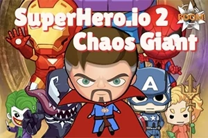 Ilustrație cu personaje în stil desen animat având trăsături de supereroi și personaje de benzi desenate, cu un titlu mare în partea de sus