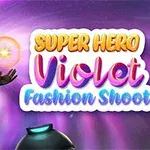 Fată supererou în costum roșu cu mască neagră și păr lung violet ținând o sferă luminoasă, alături de text colorat Super Hero Violet Fashion Shoot