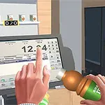 Mâini ținând o băutură în fața unei case de marcat și a unui ecran digital cu un muncitor în fundal