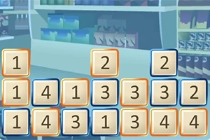 Set de cărămizi numerotate de la 1 la 4, aranjate în grupuri pe un fundal care prezintă rafturi de magazin