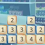 Set de cărămizi numerotate de la 1 la 4, aranjate în grupuri pe un fundal care prezintă rafturi de magazin