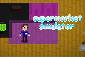 Personaj pixelat pe un fundal multicolor, cu textul supermarket simulator afișat în dreapta