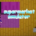 Personaj pixelat pe un fundal multicolor, cu textul supermarket simulator afișat în dreapta