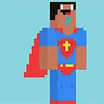 Personaj pixelat cu costum de supererou albastru și pelerină roșie, pe fundal albastru deschis