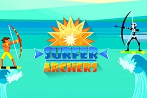 Un arcaș surfer în stânga și un schelet arcaș în dreapta pe o scenă acvatică cu soarele în fundal și titlul Surfer Archers