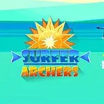 Un arcaș surfer în stânga și un schelet arcaș în dreapta pe o scenă acvatică cu soarele în fundal și titlul Surfer Archers