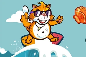 Pisoi portocaliu purtând ochelari de soare, surfing pe valuri, cu o scoică în fundal