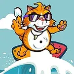 Pisoi portocaliu purtând ochelari de soare, surfing pe valuri, cu o scoică în fundal