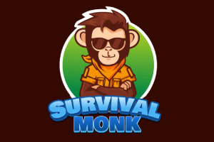 Maimuță animată cu ochelari de soare și brațele încrucișate, purtând o eșarfă portocalie, pe fundal verde, cu textul Survival Monk