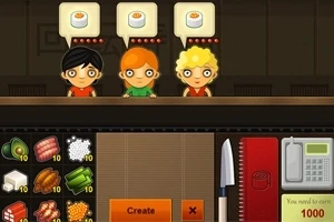 Trei personaje animate stau la un tejghea, fiecare având o bulă cu imaginea unui sushi, în timp ce în fața lor sunt ingrediente și instrumente de gătit