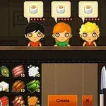 Trei personaje animate stau la un tejghea, fiecare având o bulă cu imaginea unui sushi, în timp ce în fața lor sunt ingrediente și instrumente de gătit