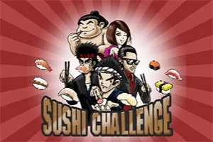 Cinci personaje stilizate, dintre care una mănâncă sushi, sunt înconjurate de felii de sushi, pe un fundal cu dungi roșii care radiază