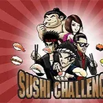 Cinci personaje stilizate, dintre care una mănâncă sushi, sunt înconjurate de felii de sushi, pe un fundal cu dungi roșii care radiază