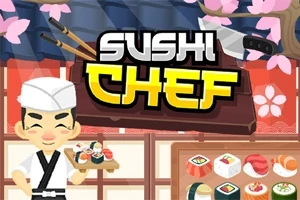 Bucătar sushi animat ținând o tavă cu sushi în fața unui fundal tradițional cu flori de cireș și cuțite expuse