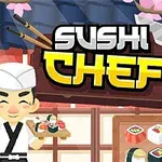 Bucătar sushi animat ținând o tavă cu sushi în fața unui fundal tradițional cu flori de cireș și cuțite expuse