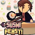 Un personaj stilizat ține un sushi pe o spatulă, cu fundal de modele de sushi și textul Sushi Feast!