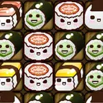 Desen animat cu mai multe bucăți de sushi cu față zâmbitoare, aranjate într-un pătrat pe un fundal închis