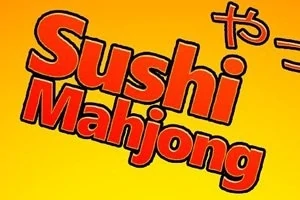 Textul Sushi Mahjong pe un fundal galben cu accente de scriere japoneză