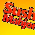 Textul Sushi Mahjong pe un fundal galben cu accente de scriere japoneză
