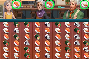 Trei personaje animat stau în spatele unui raft plin cu diferite tipuri de sushi