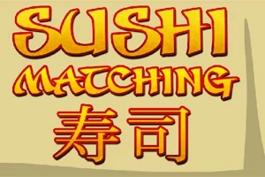 Textul Sushi Matching scris în engleză și caractere japoneze pe un fundal bej