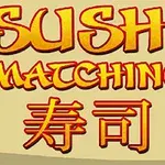 Textul Sushi Matching scris în engleză și caractere japoneze pe un fundal bej