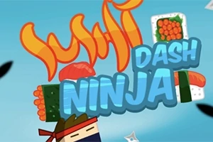 Textul Sushi Dash Ninja este prezentat pe un fundal albastru cu imagini de sushi și un personaj ninja stilizat