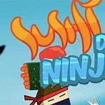 Textul Sushi Dash Ninja este prezentat pe un fundal albastru cu imagini de sushi și un personaj ninja stilizat