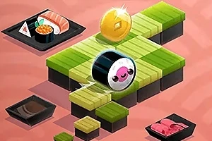Un sushi drăguț cu față zâmbitoare pe un drum de plăci verzi și negre, înconjurat de imagini ale unor preparate japoneze și o monedă aurie