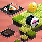 Un sushi drăguț cu față zâmbitoare pe un drum de plăci verzi și negre, înconjurat de imagini ale unor preparate japoneze și o monedă aurie