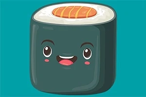 Rolă de sushi desenată sub formă de personaj animat cu față zâmbitoare și ochi mari