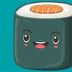Rolă de sushi desenată sub formă de personaj animat cu față zâmbitoare și ochi mari