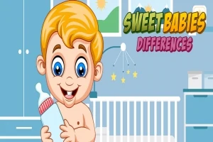 Bebeluș cu păr blond ținând un biberon, într-o cameră de copil albastră, cu un pătuț și un mobil cu stele, și textul Sweet Babies Differences în colțul de sus
