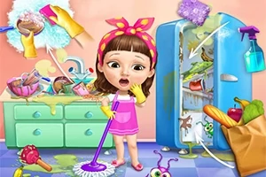 Fetiță îmbrăcată în roz încearcă să facă ordine într-o bucătărie dezordonată cu mizerie și alimente împrăștiate, în timp ce ține un mop