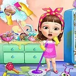 Fetiță îmbrăcată în roz încearcă să facă ordine într-o bucătărie dezordonată cu mizerie și alimente împrăștiate, în timp ce ține un mop