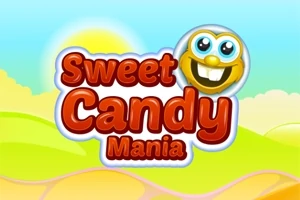 Text roșu stilizat cu expresia „Sweet Candy Mania” și un emoticon zâmbitor pe un fundal luminos și colorat